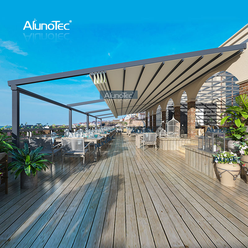 Auvent de toit de pergola rétractable imperméable électrique d'AlunoTec pour le coût extérieur de restaurant 