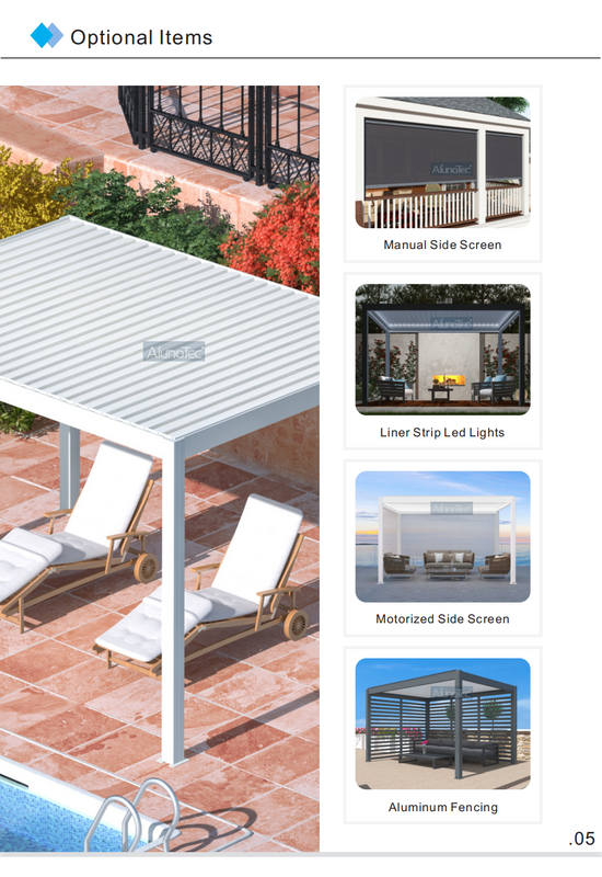 AlunoTec Tailles standards Persiennes de toit ouvrantes Gazebo Jardin Pergola bioclimatique manuelle en aluminium