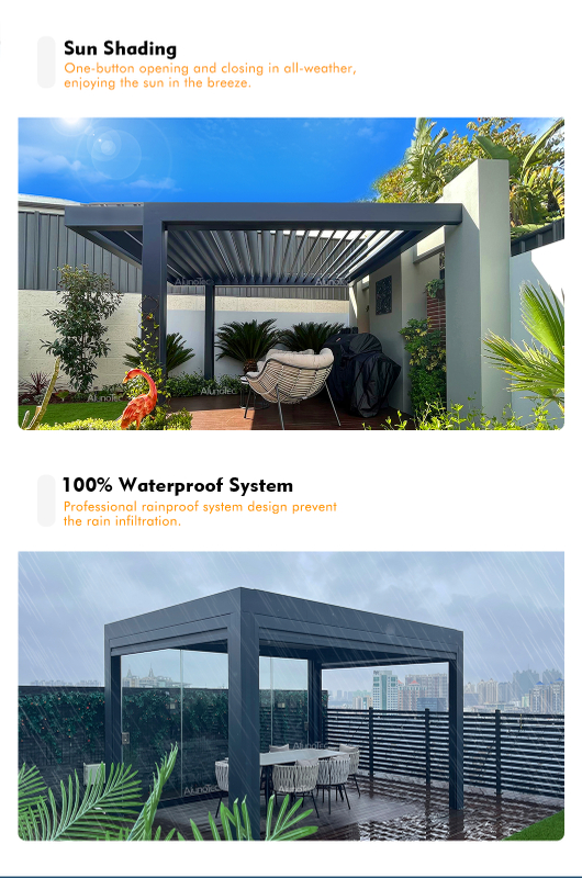  Système de toiture étanche pour pergola de garage motorisée AlunoTec avec toile de projection