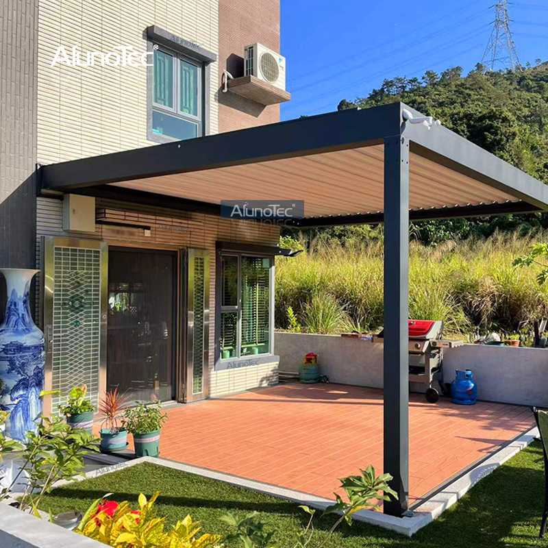 AlunoTec Auvent de couverture de patio extérieur étanche en aluminium, tonnelle de jardin, pergola de toit à persiennes avec écran latéral