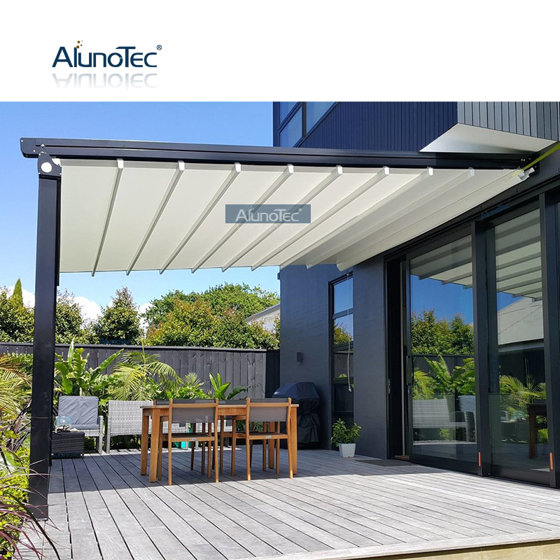 Système d'auvent de pergola rétractable de toit pliant imperméable en aluminium extérieur en PVC avec lumières LED