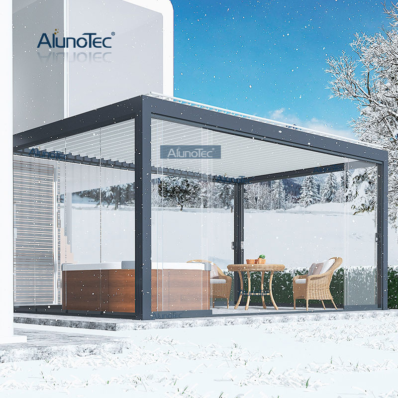  AlunoTec personnalisé en aluminium motorisé Patio auvent couverture auvent extérieur pergolas toit belvédère avec porte coulissante en verre
