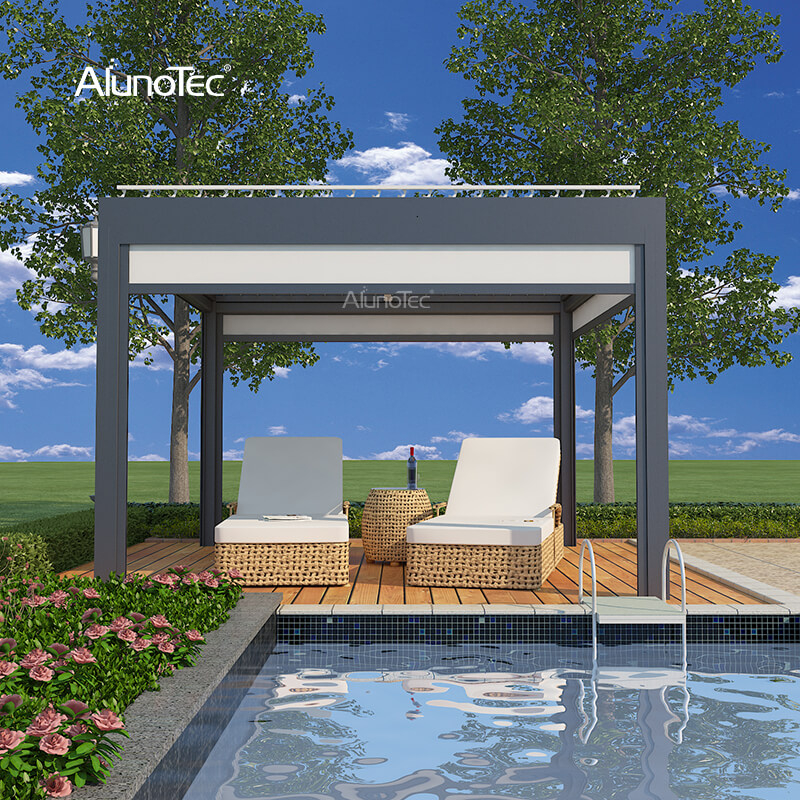 Pergola à persiennes de taille personnalisée pour espaces de vie extérieurs AlunoTec avec écran latéral