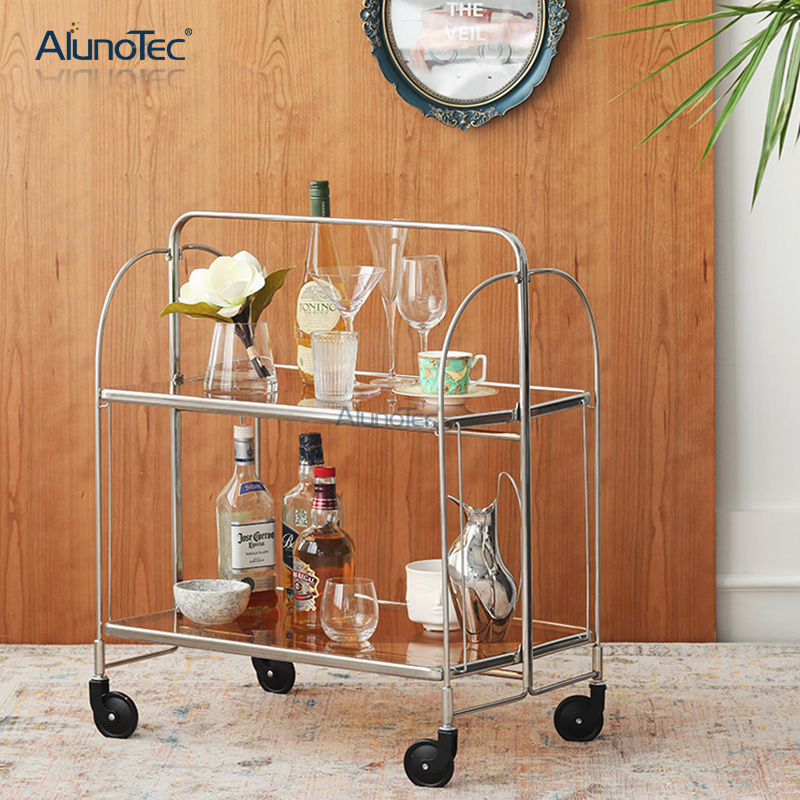 AlunoTec Chariot à vin roulant Chariot à thé de salon Chariot de bar mobile de stockage à 2 niveaux avec plateau en verre