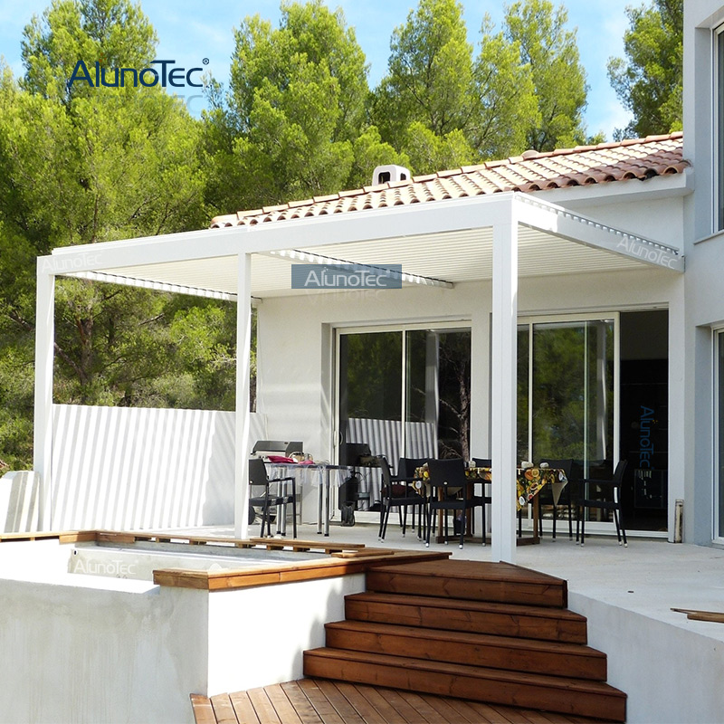 AlunoTec – couverture de Patio motorisée et étanche, toit à persiennes, auvent automatique en aluminium, Gazobo d'extérieur, Pergola avec lumières LED