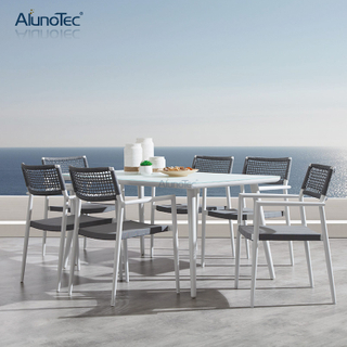 Ensemble de salle à manger d'extérieur 7 pièces en aluminium avec table à manger et six fauteuils de salle à manger en gris