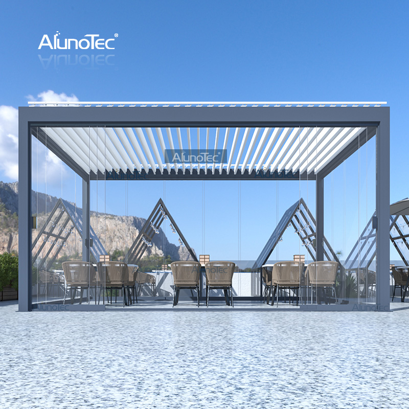  AlunoTec personnalisé en aluminium motorisé Patio auvent couverture auvent extérieur pergolas toit belvédère avec porte coulissante en verre